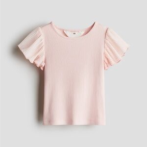 H&M Girls Light Pink Ribbed Tee with Flutter Sleeves